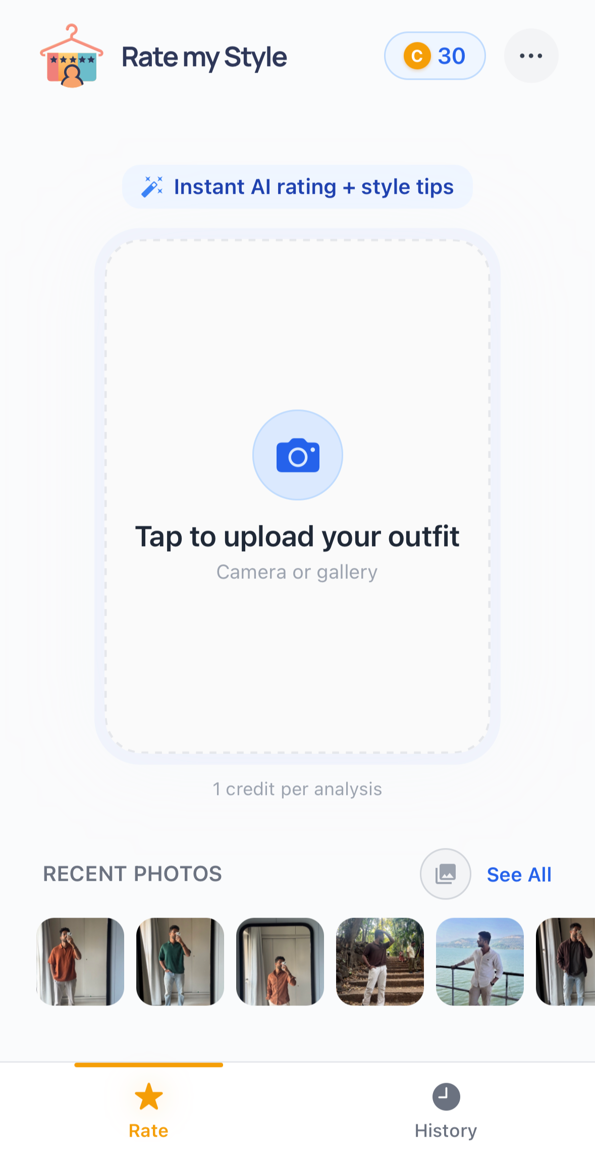 Upload screen in Rate my Style app